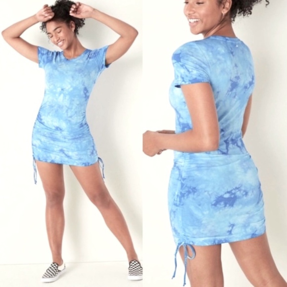 PINK ruched side mini dress blue tie dye Size Large